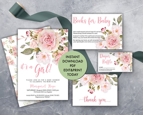 Tickets Book for Baby Boho Instant Download PDF Backside B01LM Party Set Diaper Raffle Sign Gold /& Blue Floral Baby Shower Invitation