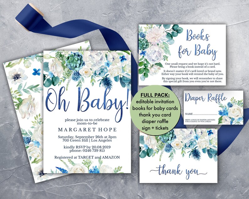 Tickets Book for Baby Boho Instant Download PDF Backside B01LM Party Set Diaper Raffle Sign Gold /& Blue Floral Baby Shower Invitation