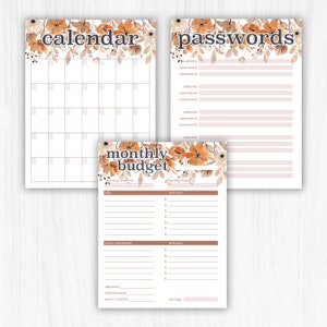 May include: Printable planner pages with floral illustrations. The pages include a calendar, a password tracker, and a monthly budget tracker.