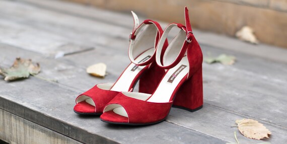 red open toe block heels