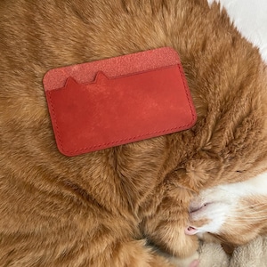 Peut inclure: Un porte-cartes en cuir rouge avec un bord cousu et un rabat avec un motif découpé décoratif.