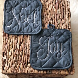 Set of 2 Christmas potholder, joy, noel, grey potholders, embroidered christmas potholders, christmas kitchen decor, farmhouse kitchen, gift