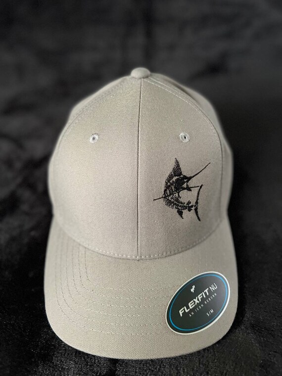 Flex Fit Nu, Grey Men's Hats, Machine Embroidered, Marlin Skeleton, Marlin Fish Hat, Fathers Day Hat, Men's Birthday Gift, Men's Fishing Hat