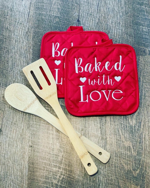 Baked With Love Embroidered Potholders Valentines Potholders Etsy