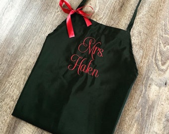 Mrs apron, personalized mrs apron, wedding gift, gifts for her, embroidered apron, black apron, one size fits most, custom kitchen apron