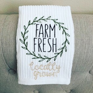 Embroidered bar mop towels, farmhouse kitchen towels, farm fresh, locally grown, farmhouse kitchen gifts, kitchen decor, farmhouse towels
