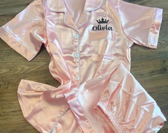 Personalized silk like pajama set, women’s pajama set, kids pajama set, toddler pajama set, matching mom and daughter pajama set, polyester