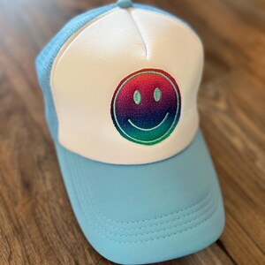 Smiley face foam trucker hat, rainbow smiley face hat, foam trucker hat, rainbow smiley, kids smiley face, smiley face hat, adult hat, happy