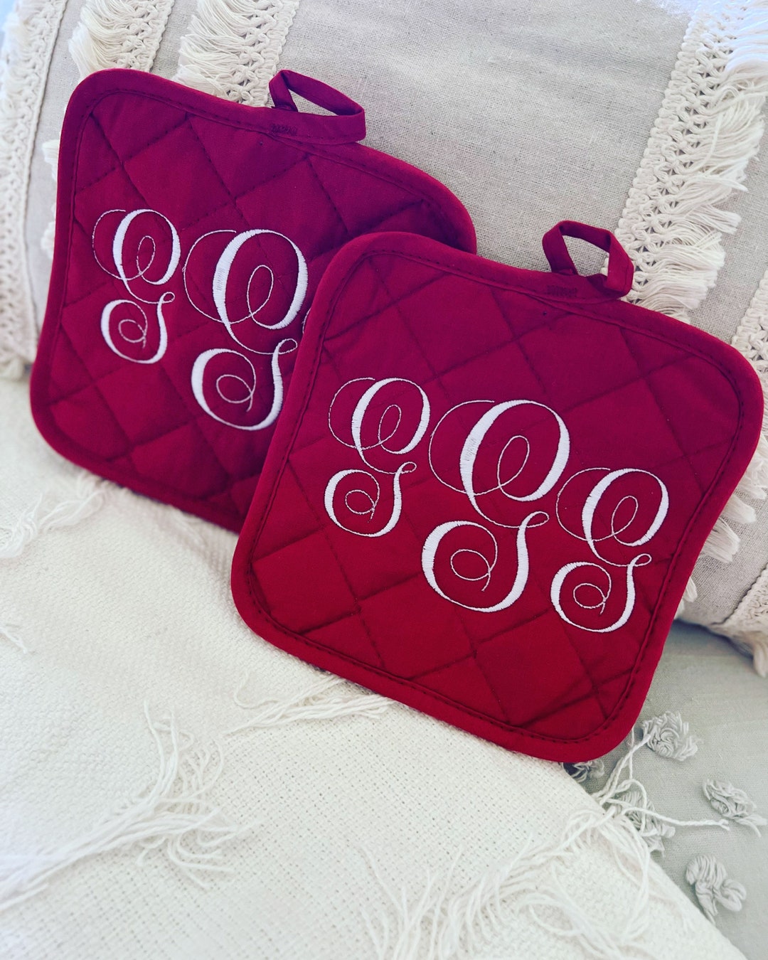 Embroidered Monogram Potholders Personalized Potholders Etsy