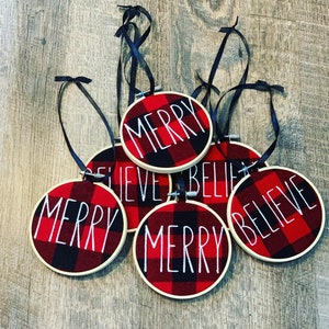 Embroidered buffalo plaid hoop ornaments, joy, believe, peace, merry, buffalo plaid christmas ornaments, christmas decor, farmhouse ornament