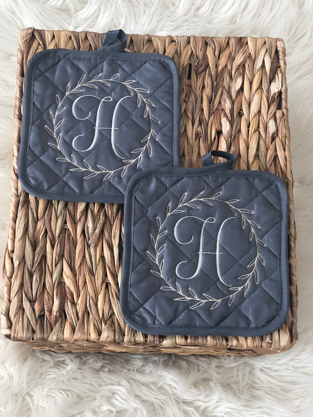 Personalized Embroidered Potholders, Farmhouse Kitchen Decor, Wreath