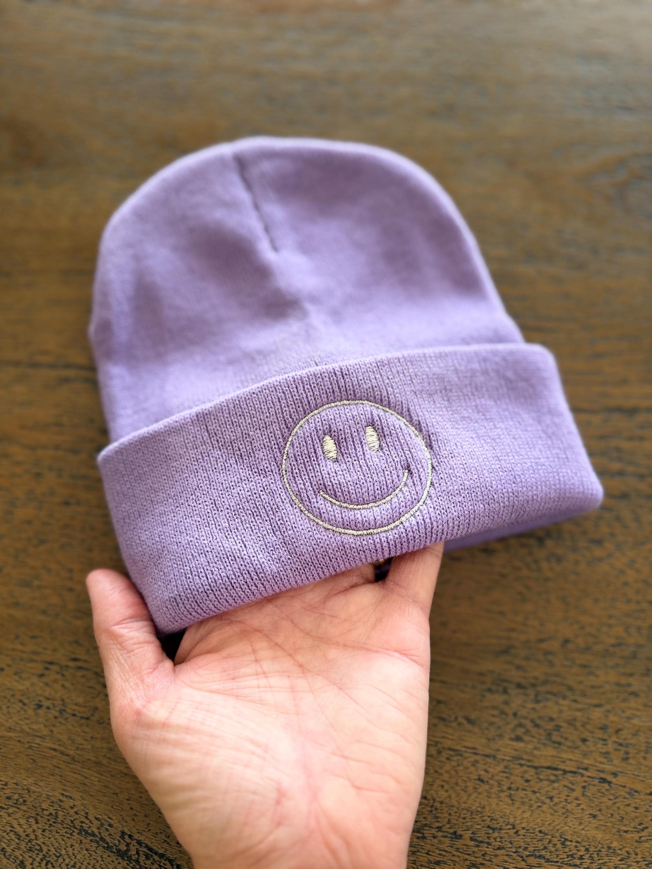 COZY Winter Hat Embroidered Smiley Face Knit roll cuff Cap Beanie Dark Purple N… Smiley Face Beanie for Men Women Knit Winter Hats Warm Soft  main image 4