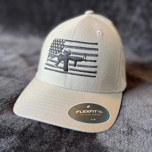 Flex fit nu, mens hats, machine embroidered, american flag ar-15, ar-15, fathers day gift, mens birthday gift, grey flex fit hat, mens hat