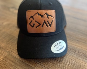 Men's trucker hat, God is greater then the highs and lows, Christian clothing, embroidered men's cap, religious hat, leather patch hat, hat