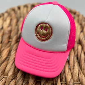 Smiley face foam trucker hat,  embroidered smiley face hat, foam trucker hat, gold smiley, kids smiley face, smiley face hat, adult hat