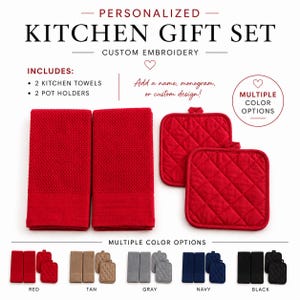 May include: A personalized kitchen gift set featuring two red textured kitchen towels and two quilted red pot holders. The text reads: PERSONALIZED KITCHEN GIFT SET, CUSTOM EMBROIDERY, Add a name, monogram, or custom design!, MULTIPLE COLOR OPTIONS.