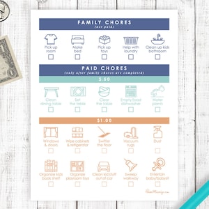 May include: A printable chore chart for kids with a blue and green color scheme. The chart is divided into two sections: Family Chores (not paid) and Paid Chores (only after family chores are completed). The chart includes a variety of chores, such as picking up toys, making the bed, helping with laundry, cleaning the bathroom, cleaning the dining table, setting the table, clearing the table, emptying the dishwasher, watering plants, cleaning windows and doors, wiping cabinets and the refrigerator, sweeping the floor, vacuuming rugs, dusting, organizing kids' bookshelves, organizing playroom toys, cleaning kid stuff out of the car, sweeping the walkway, and entertaining a baby or babysitting.
