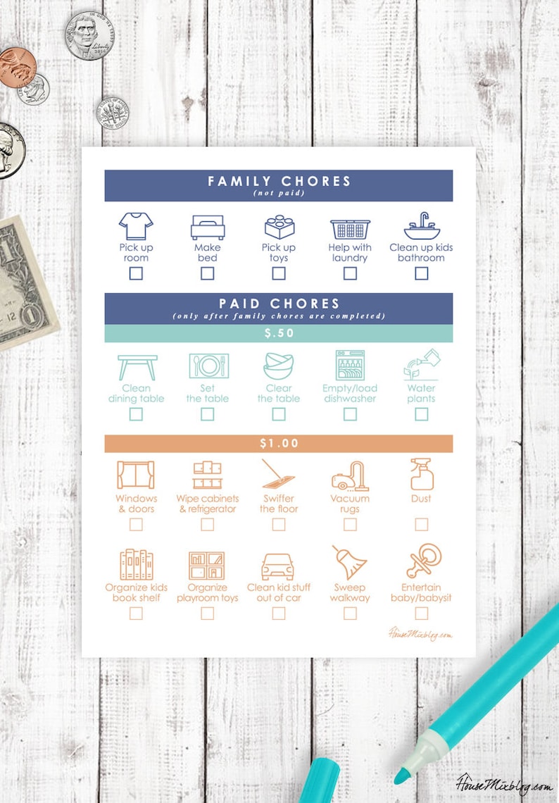 May include: A printable chore chart for kids with a blue and green color scheme. The chart is divided into two sections: Family Chores (not paid) and Paid Chores (only after family chores are completed). The chart includes a variety of chores, such as picking up toys, making the bed, helping with laundry, cleaning the bathroom, cleaning the dining table, setting the table, clearing the table, emptying the dishwasher, watering plants, cleaning windows and doors, wiping cabinets and the refrigerator, sweeping the floor, vacuuming rugs, dusting, organizing kids' bookshelves, organizing playroom toys, cleaning kid stuff out of the car, sweeping the walkway, and entertaining a baby or babysitting.