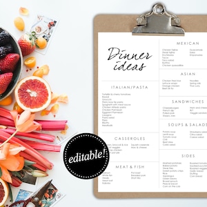 Dinner Ideas / Editable Printable / Meal planning