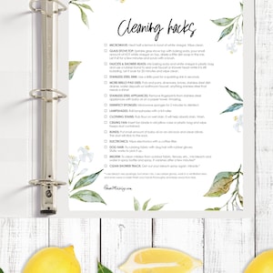 May include: A printable cleaning hacks list with a floral design. The list includes tips for cleaning a microwave, glass stove top, faucets, shower heads, stainless steel sink, appliances, sponges, lampshades, clothing stains, ceiling fans, blinds, electronics, dog hair, mildew, and shower tracks.