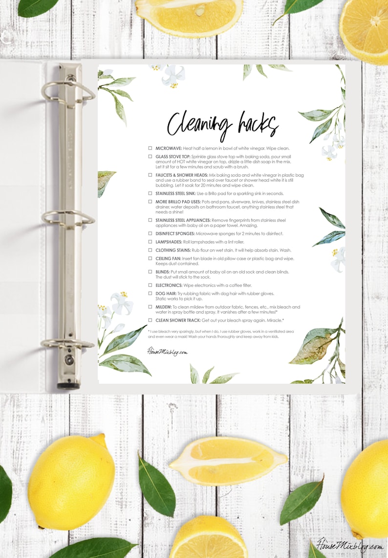 May include: A printable cleaning hacks list with a floral design. The list includes tips for cleaning a microwave, glass stove top, faucets, shower heads, stainless steel sink, appliances, sponges, lampshades, clothing stains, ceiling fans, blinds, electronics, dog hair, mildew, and shower tracks.
