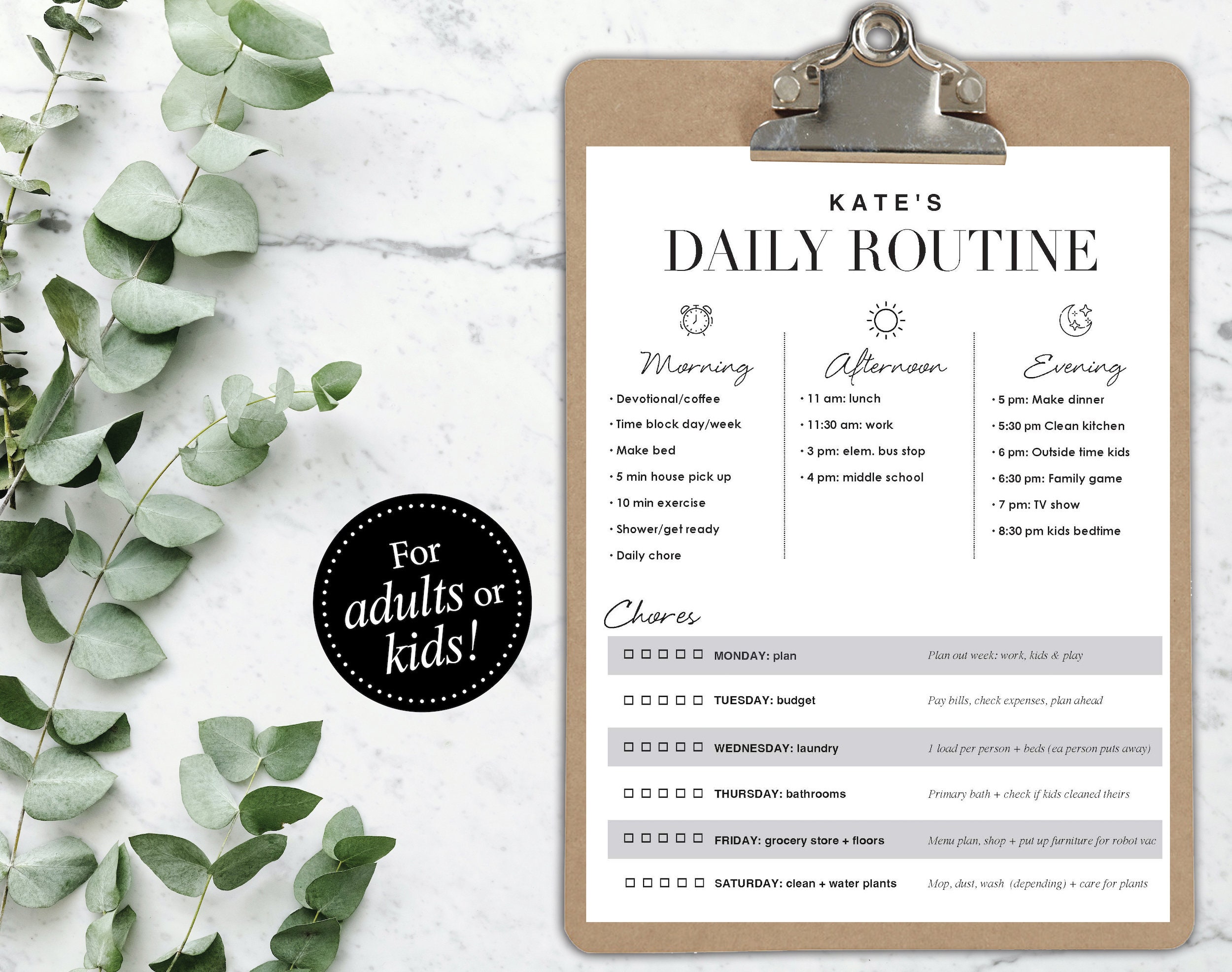 Editable Chore Chart + Daily Routine for Kids or Adults | Minimal ...