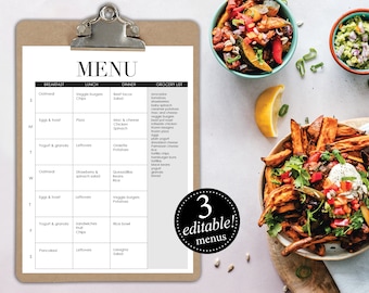 Editable Menus / Meal Planner / Breakfast Lunch Dinner