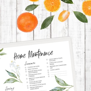 May include: A printable checklist for home maintenance tasks organized by season. The checklist includes tasks for spring, summer, and winter. The checklist is decorated with watercolor illustrations of flowers and citrus fruits.