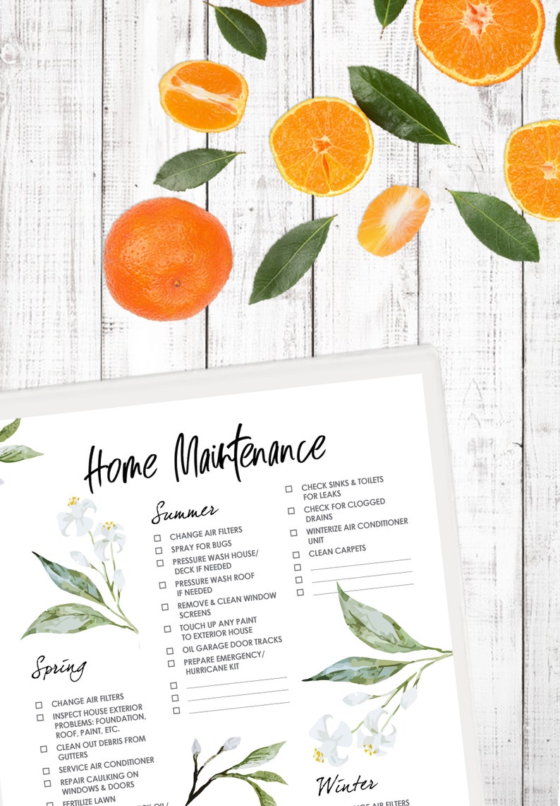 May include: A printable checklist for home maintenance tasks organized by season. The checklist includes tasks for spring, summer, and winter. The checklist is decorated with watercolor illustrations of flowers and citrus fruits.