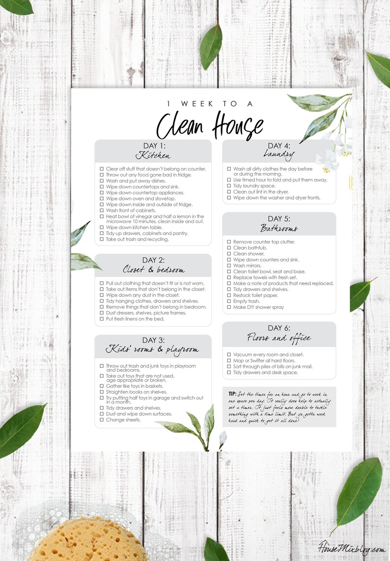 May include: A printable checklist for cleaning a house in one week. The checklist is divided into six days, with each day focusing on a different area of the house, such as the kitchen, bedroom, bathroom, laundry, kids' rooms, and floors and office. The checklist includes a list of tasks to complete for each area.