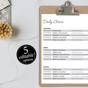 May include: A printable chore chart with a checklist for kids. The chart is divided into three sections: Jackson, Aiden, and Sophia. Each section lists daily chores for each day of the week, including sweep, clean bathroom, unload dishwasher, clean room/laundry, clean table, and pick up playroom. The chart is designed to help kids learn responsibility and develop good habits.