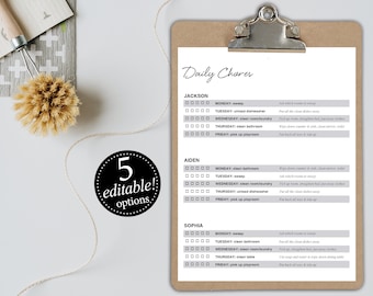Editable Chore Chart for Multiple Kids | Minimal Personalized Schedule + To Do Lists | Simple Printable Weekly Checklist