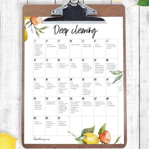 May include: A printable deep cleaning checklist with a calendar layout. The checklist includes daily cleaning tasks for each day of the month. The background features a watercolor illustration of lemons and flowers.