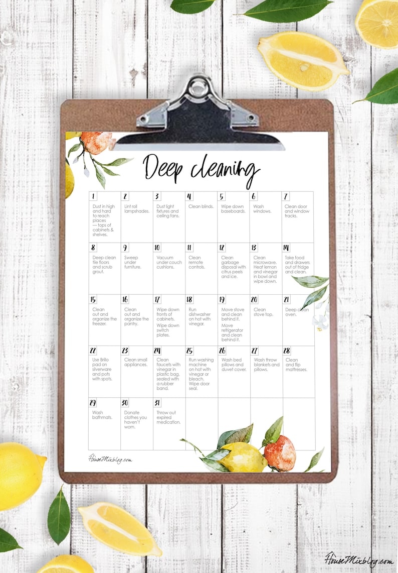 May include: A printable deep cleaning checklist with a calendar layout. The checklist includes daily cleaning tasks for each day of the month. The background features a watercolor illustration of lemons and flowers.