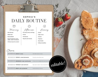 Editable Chore Chart + Daily Routine for Kids or Adults |  Minimal Personalized Schedule + To Do Lists  |  Simple Printable Weekly Checklist