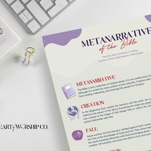 Könnte beinhalten: Ein Schreibtisch-Setup mit Tastatur, Bleistiften und Büroklammern. Ein gedrucktes Dokument mit dem Titel "METANARRATIVE of the Bible" in Lila und Burgunder ist sichtbar. Das Dokument umreißt die Geschichte der Bibel mit Abschnitten über Schöpfung, Fall und Erlösung.