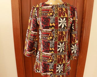 Vintage 1960's Tiki Fabric Ladies Tunic Top with Flared Sleeves