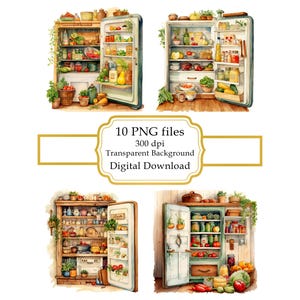 Retro landelijke keukenkoelkast met eten PNG-clipartbundel - digitale download