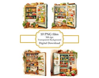 Retro Country Kitchen Fridge with Food PNG Clipart Bundle- Digital Download