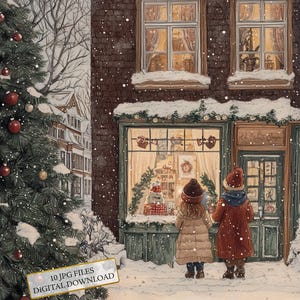 Paquete de imágenes prediseñadas de niños en la nieve mirando por la ventana: 10 imágenes JPG de acuarela de alta calidad. Para diario, álbum de recortes y descarga digital.