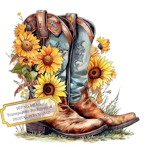 Bottes de cowboy avec tournesols Clipart Bundle-10 PNGs aquarelle de haute qualité - art occidental, journalisation, fournitures de scrapbooking, téléchargement numérique