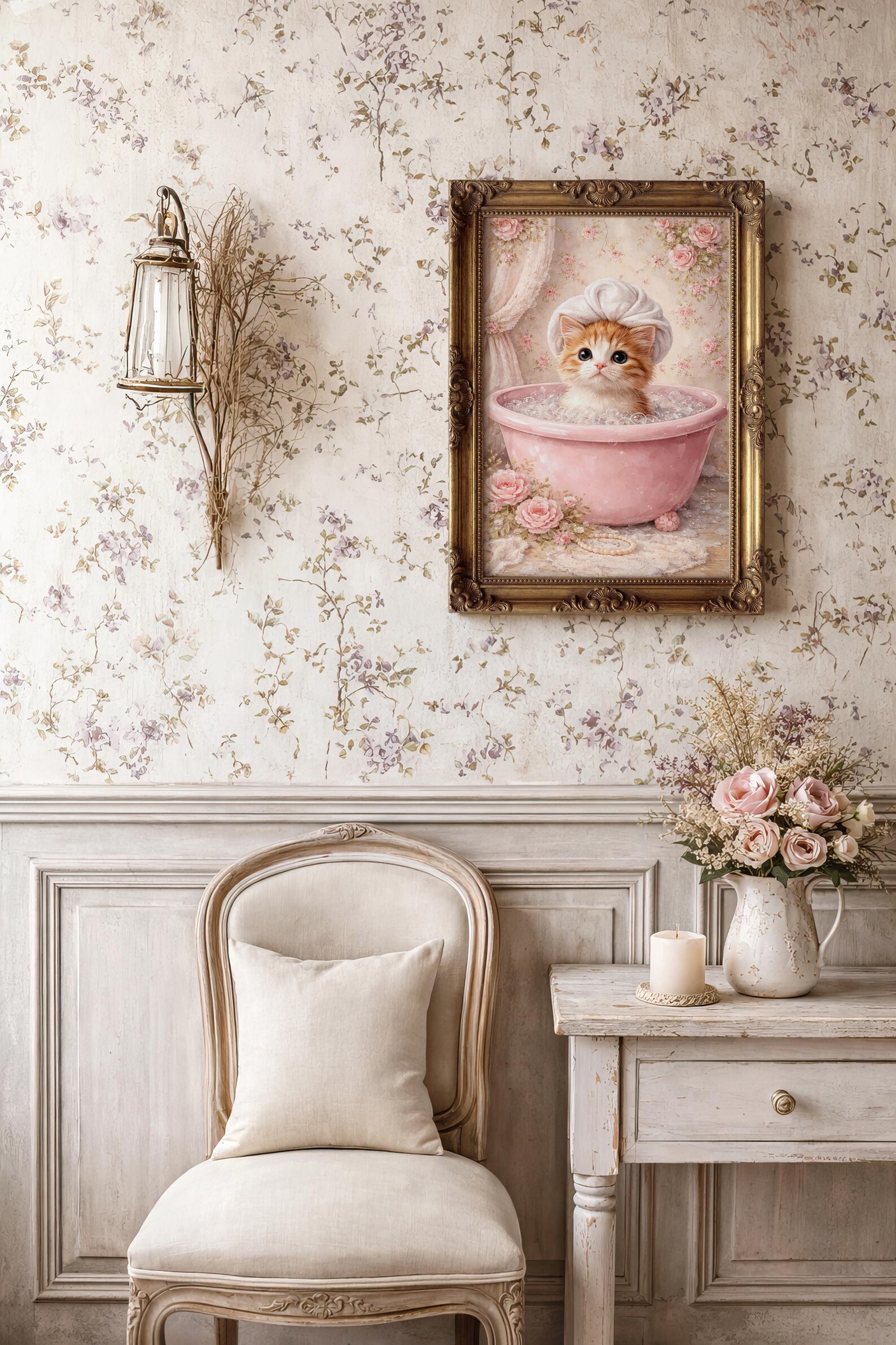 Shabby Chic Kitten in Pink Bathtub Printable Wall Art, Digital Download ...