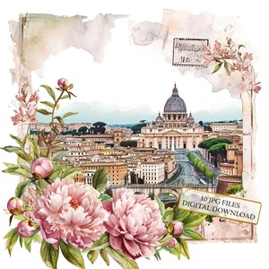 Carte postale florale vintage de Rome Clipart Bundle-10 JPG aquarelles de haute qualité-création, journalisation, fourniture de scrapbooking, téléchargement numérique
