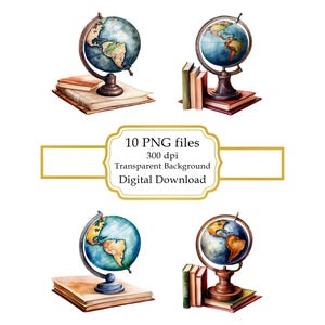 Globe on Books PNG Clipart Bundle- Digital Download