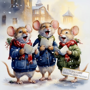 Petites souris chantant des chants de Noël Clipart Bundle - 10 JPG aquarelles de haute qualité - journalisation, fournitures de scrapbooking en téléchargement numérique