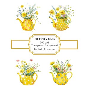 Spring Wildflowers in a Yellow Polka Dot Teapot PNG Clipart Bundle- Digital Download