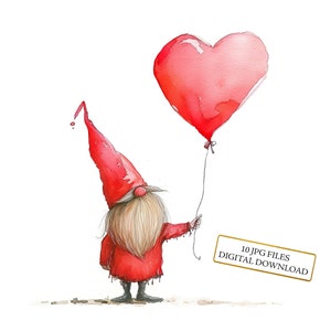 Pacote de clipart de gnomo de dia dos namorados segurando balão em forma de coração - 10 JPGs de aquarela de alta qualidade - Diário, álbum de recortes, download digital