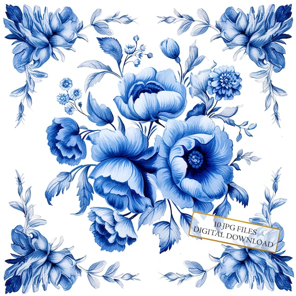 Vintage Blue Floral Napkins Clipart Bundle- 10 High Quality Watercolor JPGs-Decoupage Crafting, Junk Journaling, Scrapbook, Digital Download