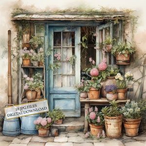Shabby Chic Garden Clipart Bundle - 10 JPG ad acquerello di alta qualità - Arte del giardino, artigianato, journaling, scrapbooking, download digitale