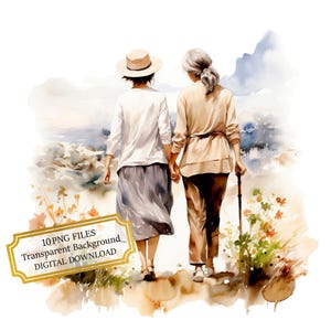 Mutter und Tochter auf einem Spaziergang Clipart Bundle - 10 hochwertige Aquarell PNGs - Familienkunst, Journaling, Scrapbook Versorgung, digitaler Download